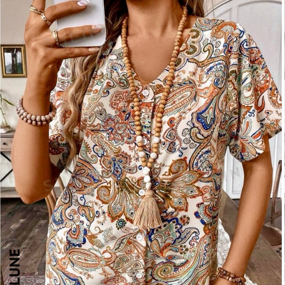 SHEIN LUNE Paisley Printed V-Neck Casual Shirt Size Small - Picture 2 of 7